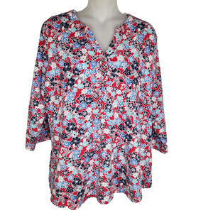 Denim & Co Women Henley Top Printed Texture Knit 3/4 Sleeve Americana True Red L